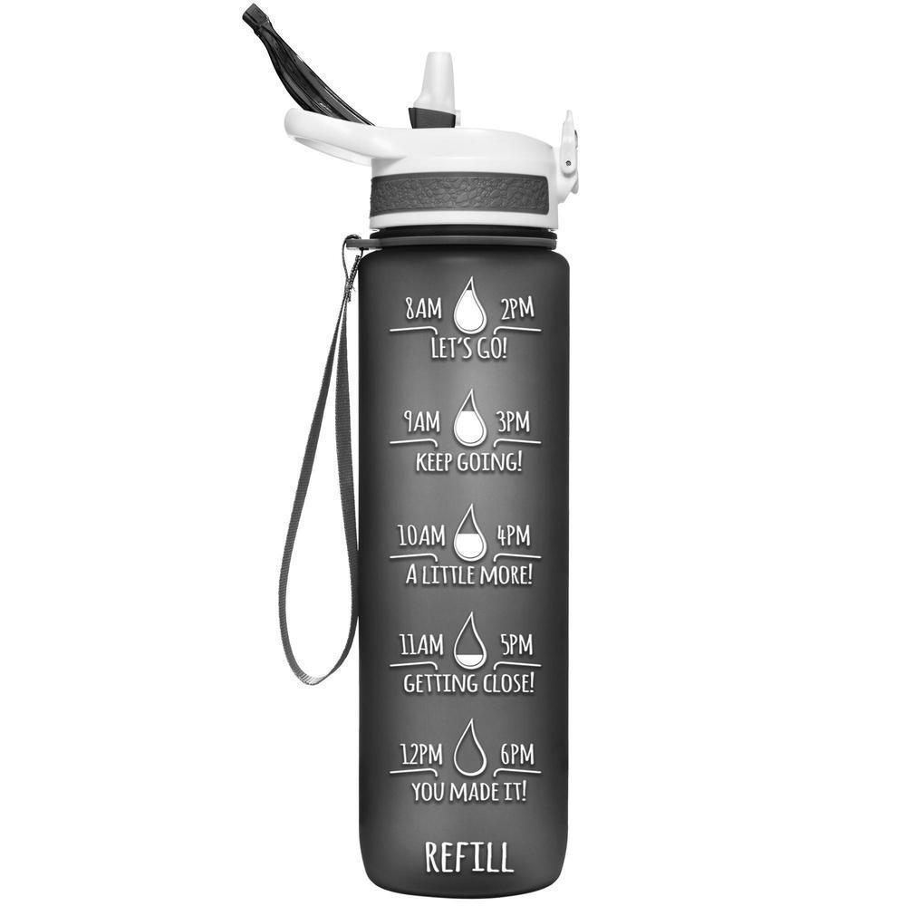 HydroMATE Motivational Time Marked Water Bottle 32 oz Water Bottle with Straw Gray 32 Oz (1 Liter), Black, Frost, gray, MCF, Straw HydroMate 32 oz Water Bottle with Straw Frost Gray and Handle Motivational Liter Water Bottle with Time Markers to Drink More Water Daily BPA FREE Time Marked Motivational Measurements Drink More Water Bottle with Reminders to Live Infinitely Better Track Water Intake All Day Inspirational Encouraging 