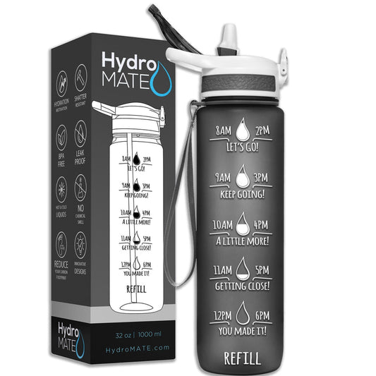 HydroMATE Motivational Time Marked Water Bottle 32 oz Water Bottle with Straw Gray 32 Oz (1 Liter), Black, Frost, gray, MCF, Straw HydroMate 32 oz Water Bottle with Straw Frost Gray and Handle Motivational Liter Water Bottle with Time Markers to Drink More Water Daily BPA FREE Time Marked Motivational Measurements Drink More Water Bottle with Reminders to Live Infinitely Better Track Water Intake All Day Inspirational Encouraging 