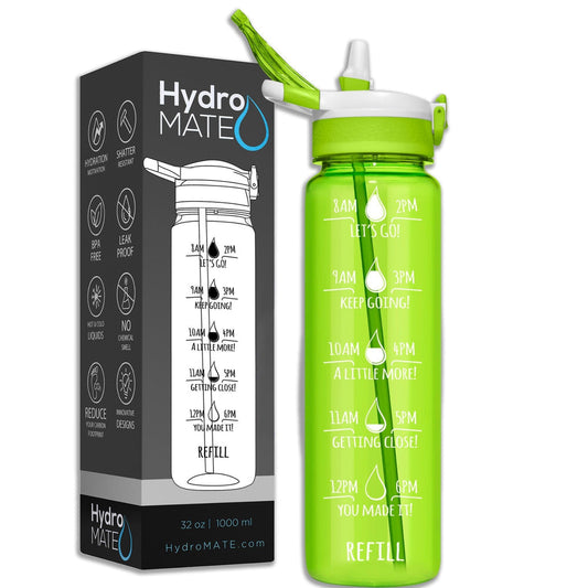 HydroMATE Motivational Time Marked Water Bottle 32 oz Water Bottle with Straw Green 32 Oz (1 Liter), Green, MCF, Straw HydroMATE Liter Motivational Water Bottle Straw BPA-FREE 32oz Neon Green HydroMate Time Marked Motivational Water Bottles. Drink more water bottle start to track your water intake daily with encouraging time markings. BPA-FREE Reusable Water Jugs and Water Bottles
