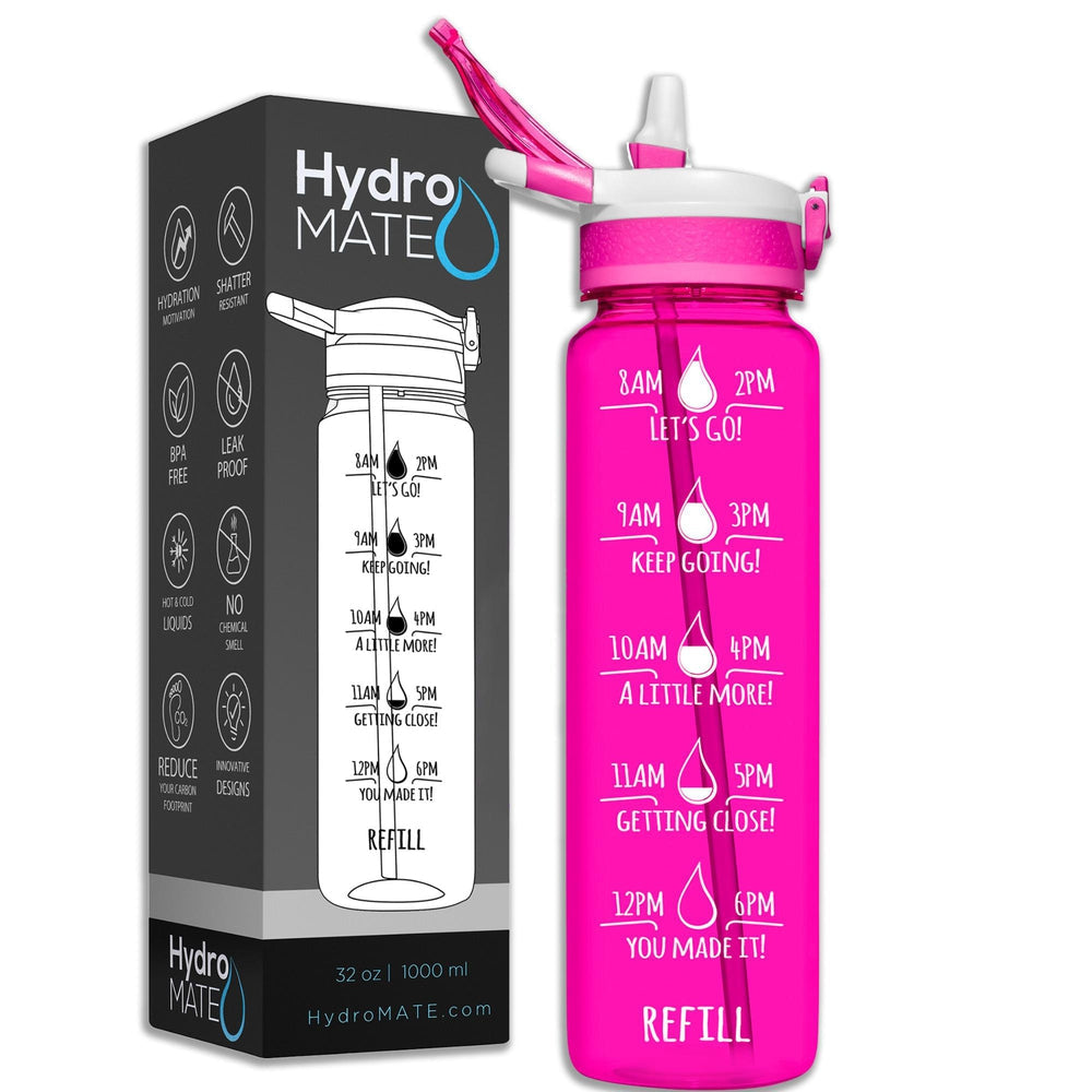 HydroMATE Motivational Time Marked Water Bottle 32 oz Water Bottle with Straw Pink 32 Oz (1 Liter), MCF, Pink, Straw HydroMATE Liter Motivational Water Bottle Straw BPA-FREE 32oz Neon Pink HydroMate Time Marked Motivational Water Bottles. Drink more water bottle start to track your water intake daily with encouraging time markings. BPA-FREE Reusable Water Jugs and Water Bottles