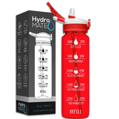 HydroMATE Motivational Time Marked Water Bottle 32 oz Water Bottle with Straw Red 32 Oz (1 Liter), MCF, Red, Straw HydroMATE Liter Motivational Water Bottle Straw BPA-FREE 32oz Red HydroMate Time Marked Motivational Water Bottles. Drink more water bottle start to track your water intake daily with encouraging time markings. BPA-FREE Reusable Water Jugs and Water Bottles