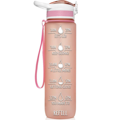 HydroMATE Motivational Time Marked Water Bottle 32 oz Water Bottle with Straw Rose Gold 32 Oz (1 Liter), Frost, MCF, Rose Gold, Straw HydroMate 32 oz Water Bottle with Straw Frost Rose Gold and Handle Motivational Liter Water Bottle with Time Markers to Drink More Water Daily BPA FREE Time Marked Motivational Measurements Drink More Water Bottle with Reminders to Live Infinitely Better Track Water Intake All Day Inspirational Encouraging 