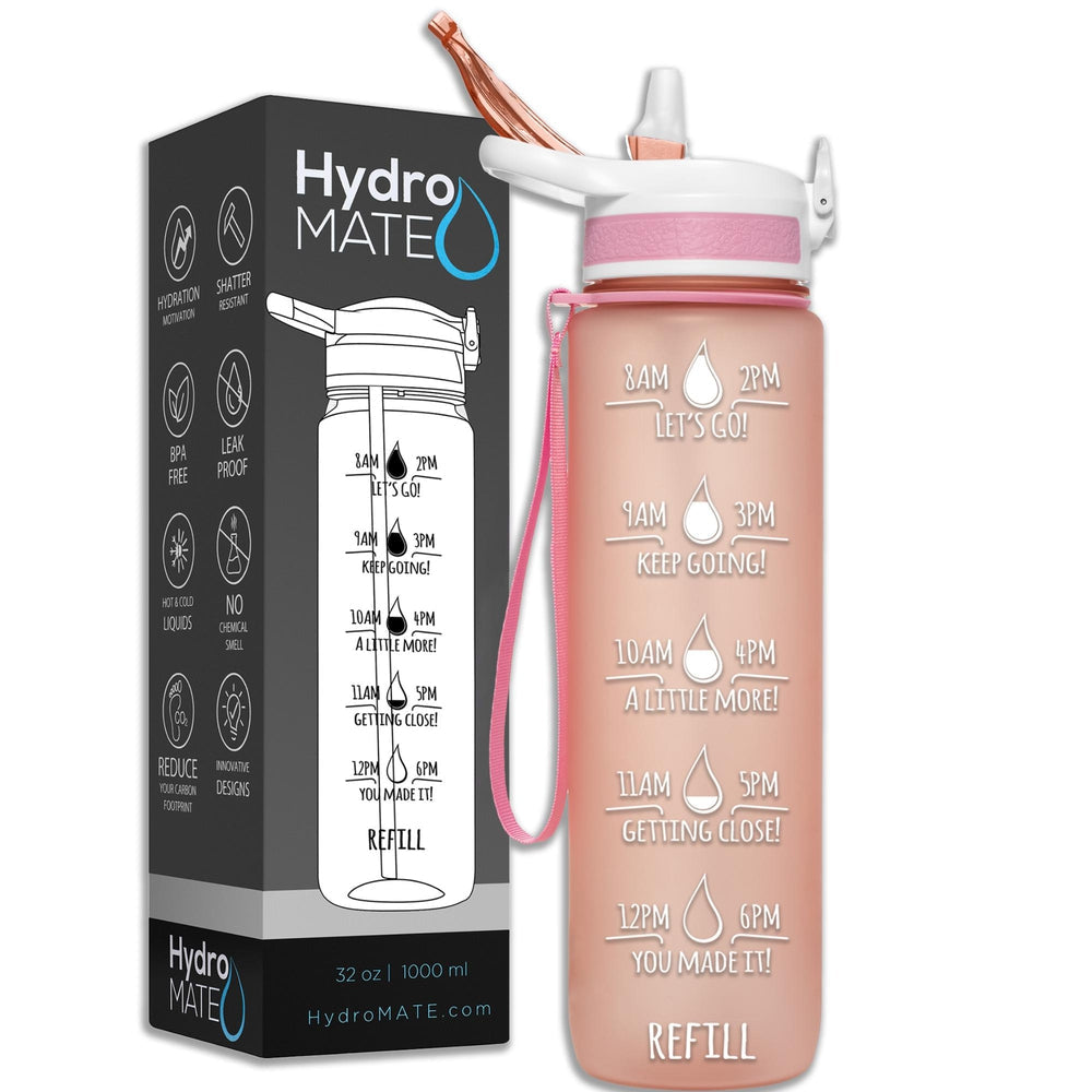 HydroMATE Motivational Time Marked Water Bottle 32 oz Water Bottle with Straw Rose Gold 32 Oz (1 Liter), Frost, MCF, Rose Gold, Straw HydroMate 32 oz Water Bottle with Straw Frost Rose Gold and Handle Motivational Liter Water Bottle with Time Markers to Drink More Water Daily BPA FREE Time Marked Motivational Measurements Drink More Water Bottle with Reminders to Live Infinitely Better Track Water Intake All Day Inspirational Encouraging 