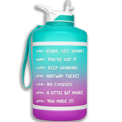HydroMATE Motivational Time Marked Water Bottle 64 oz Straw Water Bottle with Times Aqua Purple Frost, Half Gallon (64 Oz), MCF, ombre, Purple, Straw, Turquoise, Turquoise-Purple HydroMATE Half Gallon Water Bottle with Straw and Handle Ombre Teal Purple Motivational BPA Free Leakproof Reusable Water Jug with Handle and Time Measurements and Encouraging Reminders to Help you Drink More Water Track Your Water Intake with Hourly Time Marking and Encouraging Ready Set Drink 64oz