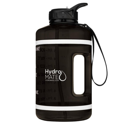 HydroMATE Motivational Time Marked Water Bottle 64 oz Water Bottle with Straw Black Black, Half Gallon (64 Oz), MCF, Straw HydroMATE Half Gallon 64oz Motivational Water Bottle with Straw BPA-FREE. HydroMATEUSA Black Time Marked Water Bottles. Drink more water bottle start to track your daily water intake with encouraging measured time markings. BPA-FREE Reusable Water Jugs with time measurements