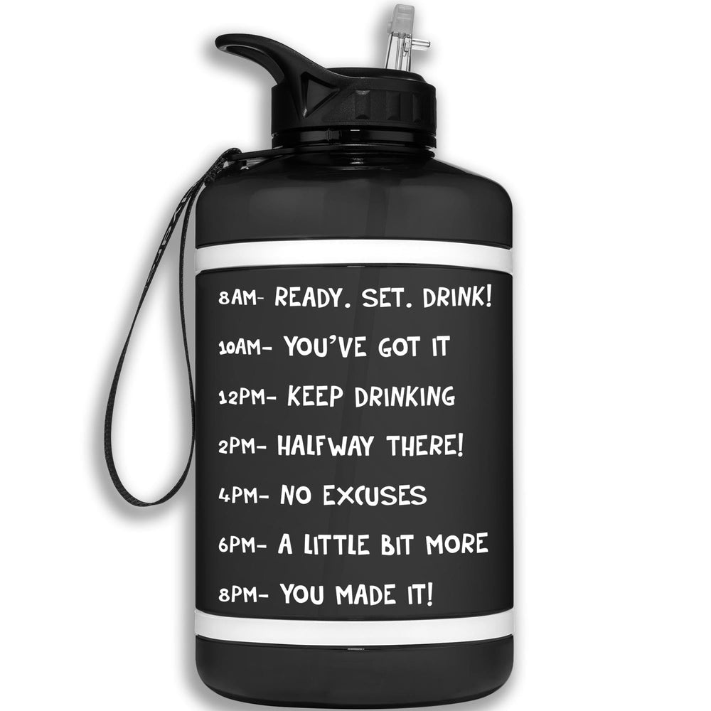 HydroMATE Motivational Time Marked Water Bottle 64 oz Water Bottle with Straw Black Black, Half Gallon (64 Oz), MCF, Straw HydroMATE Half Gallon 64oz Motivational Water Bottle with Straw BPA-FREE. HydroMATEUSA Black Time Marked Water Bottles. Drink more water bottle start to track your daily water intake with encouraging measured time markings. BPA-FREE Reusable Water Jugs with time measurements