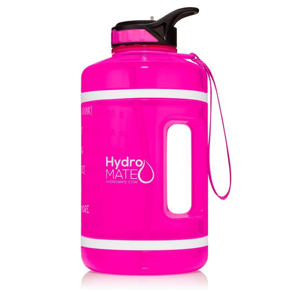 HydroMATE Motivational Time Marked Water Bottle 64 oz Water Bottle with Straw Pink Half Gallon (64 Oz), MCF, Pink, Straw HydroMATE Half Gallon 64 oz Motivational Water Bottle with Straw BPA FREE Hydro MATE USA Pink Time Marked Water Bottles. Drink more water bottle start to track your daily water intake with encouraging measured time markings. BPA-FREE Reusable Water Jugs with time measurements Pink