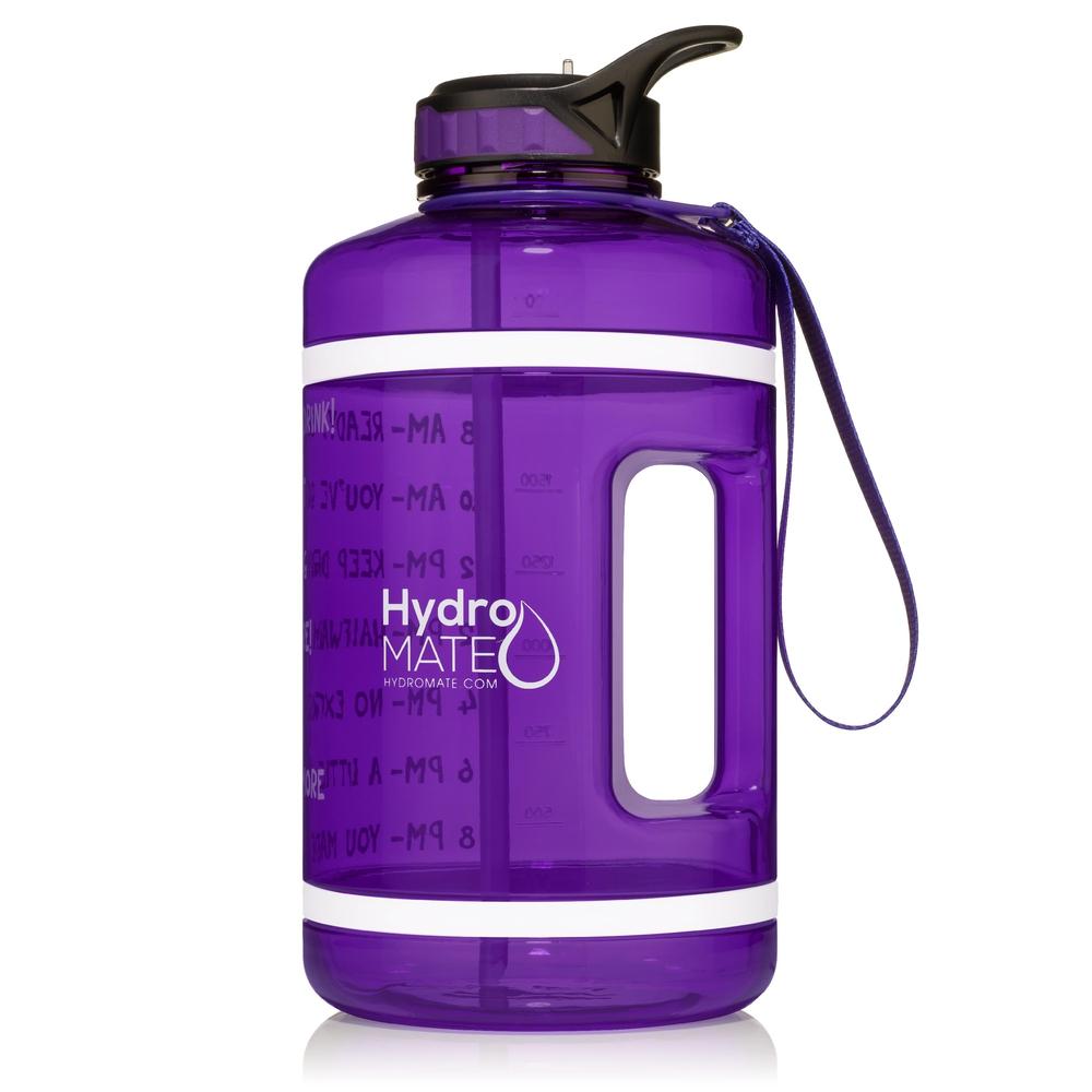 HydroMATE Motivational Time Marked Water Bottle 64 oz Water Bottle with Straw Purple Half Gallon (64 Oz), MCF, Purple, Straw HydroMATE Half Gallon 64oz Motivational Water Bottle with Straw BPA-FREE. HydroMATEUSA Purple Time Marked Water Bottles. Drink more water bottle start to track your daily water intake with encouraging measured time markings. BPA-FREE Reusable Water Jugs with time measurements