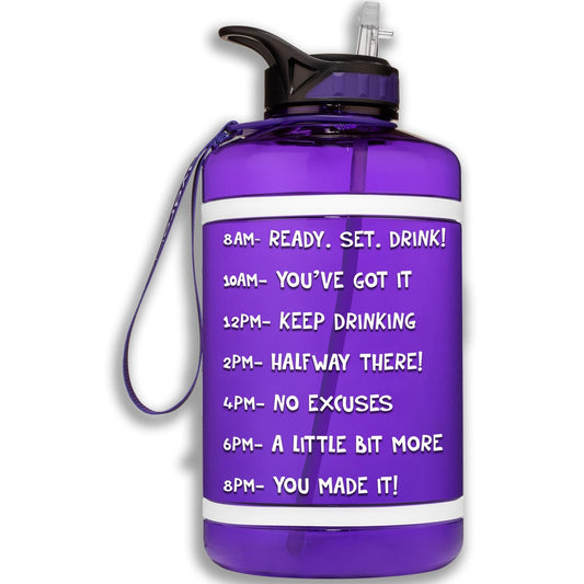 HydroMATE Motivational Time Marked Water Bottle 64 oz Water Bottle with Straw Purple Half Gallon (64 Oz), MCF, Purple, Straw HydroMATE Half Gallon 64oz Motivational Water Bottle with Straw BPA-FREE. HydroMATEUSA Purple Time Marked Water Bottles. Drink more water bottle start to track your daily water intake with encouraging measured time markings. BPA-FREE Reusable Water Jugs with time measurements