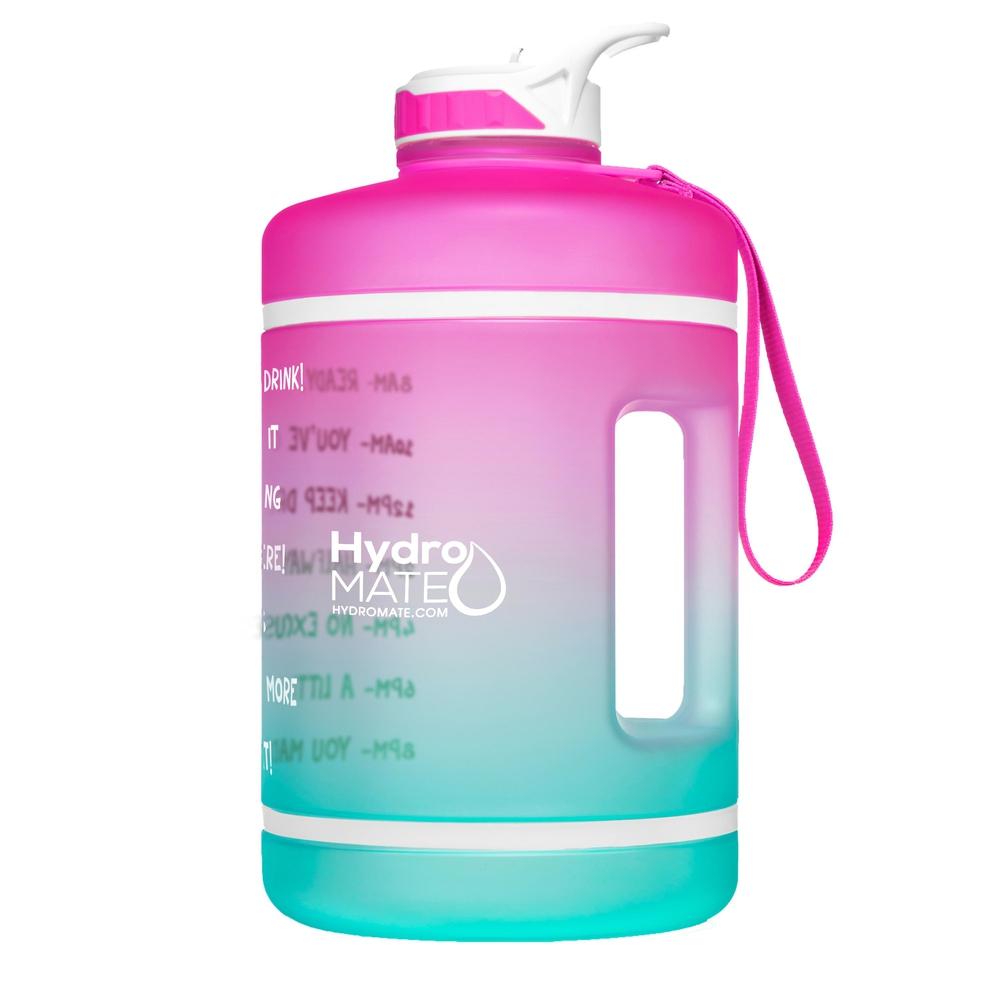 HydroMATE Motivational Time Marked Water Bottle Gallon Straw Water Bottle with Times Pink Aqua 1 Gallon (128 Oz), Frost, MCF, ombre, Pink, Pink-Turquoise, Straw, Turquoise HydroMATE Water Bottle with Straw and Handle Ombre Pink Turquoise BPA Free Reusable Water Jug with Time Measurements and Hourly Reminders to Drink More Water Bottle Track Your Water Intake All Day with Hourly Time Marking and Encouraging Sayings Ready Set Drink with HydroMate Leakproof Reusable Water Bottle