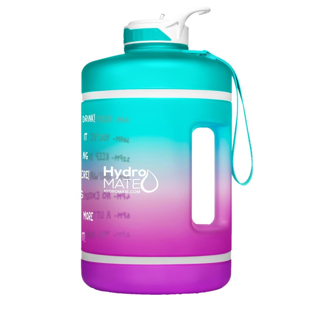 HydroMATE Motivational Time Marked Water Bottle Gallon Water Bottle with Straw Teal Purple 1 Gallon (128 Oz), Frost, MCF, ombre, Purple, Straw, Turquoise, Turquoise-Purple HydroMATE Water Bottle with Straw and Handle Ombre Teal Purple Motivational BPA Free Reusable Water Bottle with Time Measurements and Motivational Reminders to Help you Drink More Water Bottle Track Your Water Intake All Day with Hourly Time Marking and Encouraging Sayings Ready Set Drink with HydroMate Leakproof Reusable Water Bottle