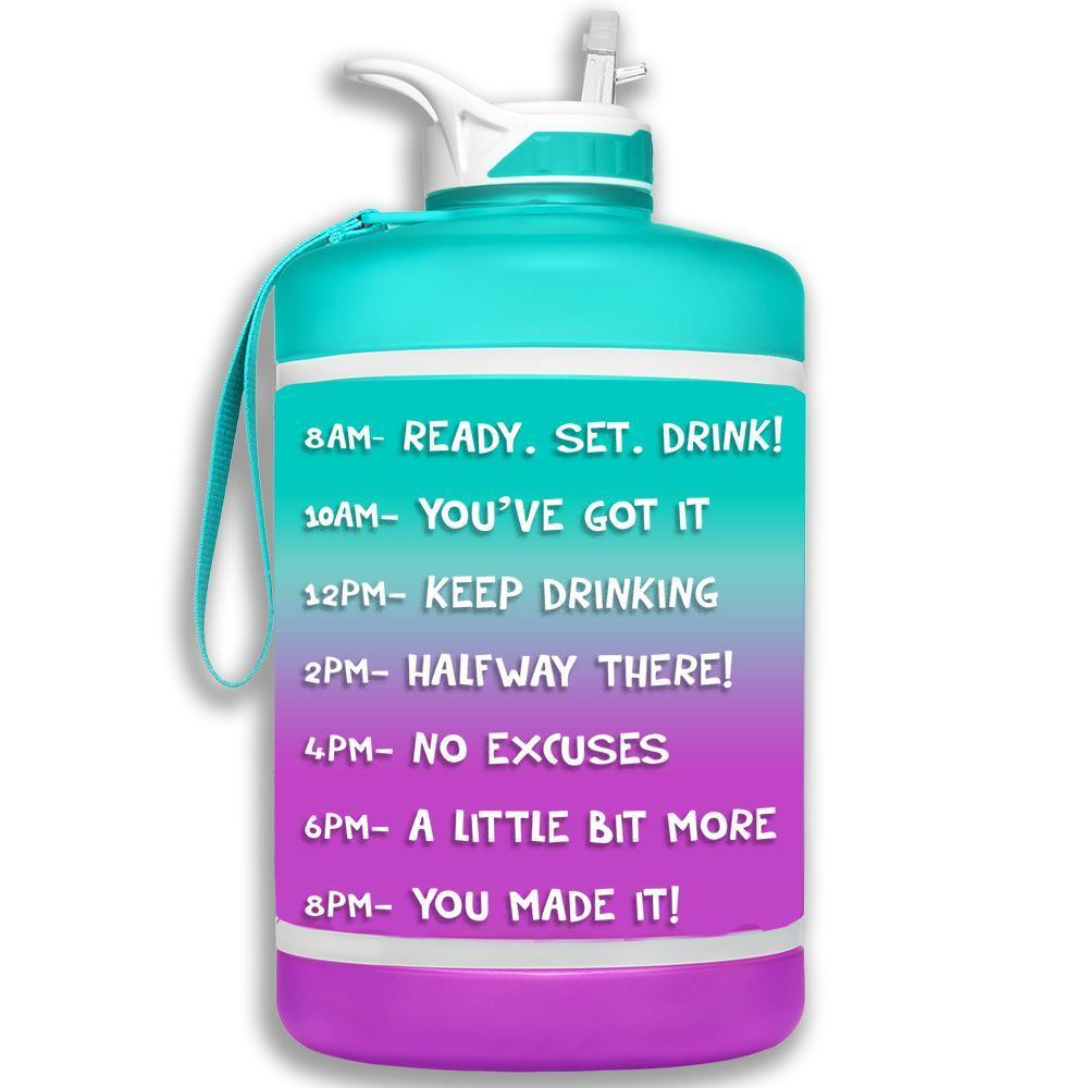 HydroMATE Motivational Time Marked Water Bottle Gallon Water Bottle with Straw Teal Purple 1 Gallon (128 Oz), Frost, MCF, ombre, Purple, Straw, Turquoise, Turquoise-Purple HydroMATE Water Bottle with Straw and Handle Ombre Teal Purple Motivational BPA Free Reusable Water Bottle with Time Measurements and Motivational Reminders to Help you Drink More Water Bottle Track Your Water Intake All Day with Hourly Time Marking and Encouraging Sayings Ready Set Drink with HydroMate Leakproof Reusable Water Bottle