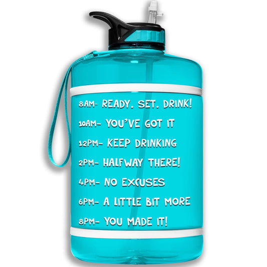 HydroMATE Motivational Time Marked Water Bottle Gallon Water Bottle with Straw Turquoise 1 Gallon (128 Oz), MCF, New, Straw, Turquoise HydroMATE Water Bottle with Straw and Handle Aqua Teal Blue Motivational BPA Free Reusable Water Bottle with Time Measurements and Motivational Reminders to Help you Drink More Water Bottle Track Your Water Intake All Day with Hourly Time Marking and Encouraging Sayings Ready Set Drink with HydroMate Leakproof Reusable Water Bottle