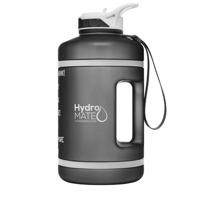 HydroMATE Motivational Time Marked Water Bottle Half Gallon Straw Water Bottle with Times Gray 64oz, Black, gray, Half Gallon (64 Oz), MCF, New, Straw HydroMATE 1 Gallon Water Bottle with Straw and Handle Motivational Water Jug with Times BPA FREE Frost Gray HydroMate Time Marked Motivational Water Bottles. Drink more water bottle start to track your daily water intake with encouraging time markings. BPA FREE Reusable Water Jugs and Water Bottles