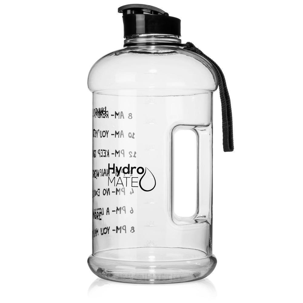 HydroMATE Motivational Time Marked Water Bottle Half Gallon Water Bottle with Times Clear 64oz, Clear, Flip Top, Half Gallon (64 Oz), MCF HydroMATE Half Gallon Motivational Water Bottle 64oz Clear HydroMate Time Marked Motivational Water Bottles. Drink more water bottle start to track your water intake daily with encouraging time markings. BPA-FREE Reusable Water Jugs and Water Bottles