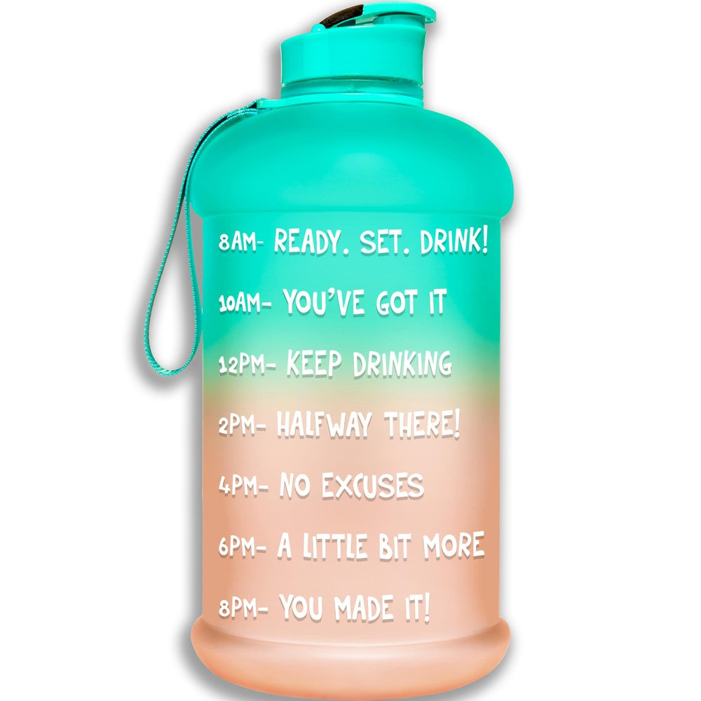 HydroMATE Motivational Time Marked Water Bottle Half Gallon Water Bottle with Times Mint Rose Gold 64oz, Flip Top, Frost, Half Gallon (64 Oz), MCF, Mint, Mint-Rose Gold, ombre, Rose Gold HydroMATE Half Gallon Motivational Water Bottle 64oz Frost Mint Rose and Gold HydroMate Time Marked Motivational Water Bottles. Drink more water bottle start to track your water intake daily with encouraging time markings. BPA-FREE Reusable Water Jugs and Water Bottles