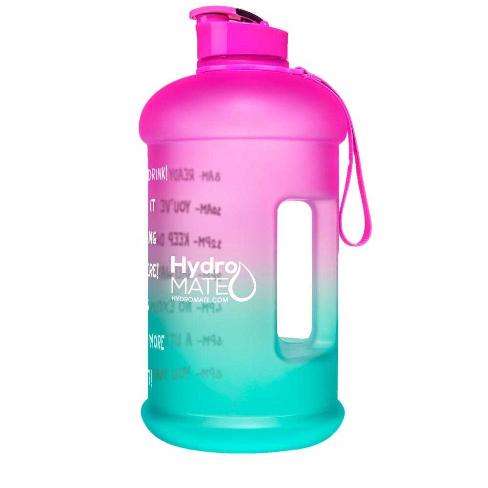 HydroMATE Motivational Time Marked Water Bottle Half Gallon Water Bottle with Times Pink Turquoise 64oz, Flip Top, Frost, Half Gallon (64 Oz), MCF, ombre, Pink, Pink-Turquoise, Turquoise HydroMATE Half Gallon Motivational Water Bottle 64 oz Frost Turquoise and Pink HydroMate Time Marked Motivational Water Bottles. Drink more water bottle start to track your water intake daily with encouraging time markings. BPA FREE Reusable Water Jugs and Water Bottles
