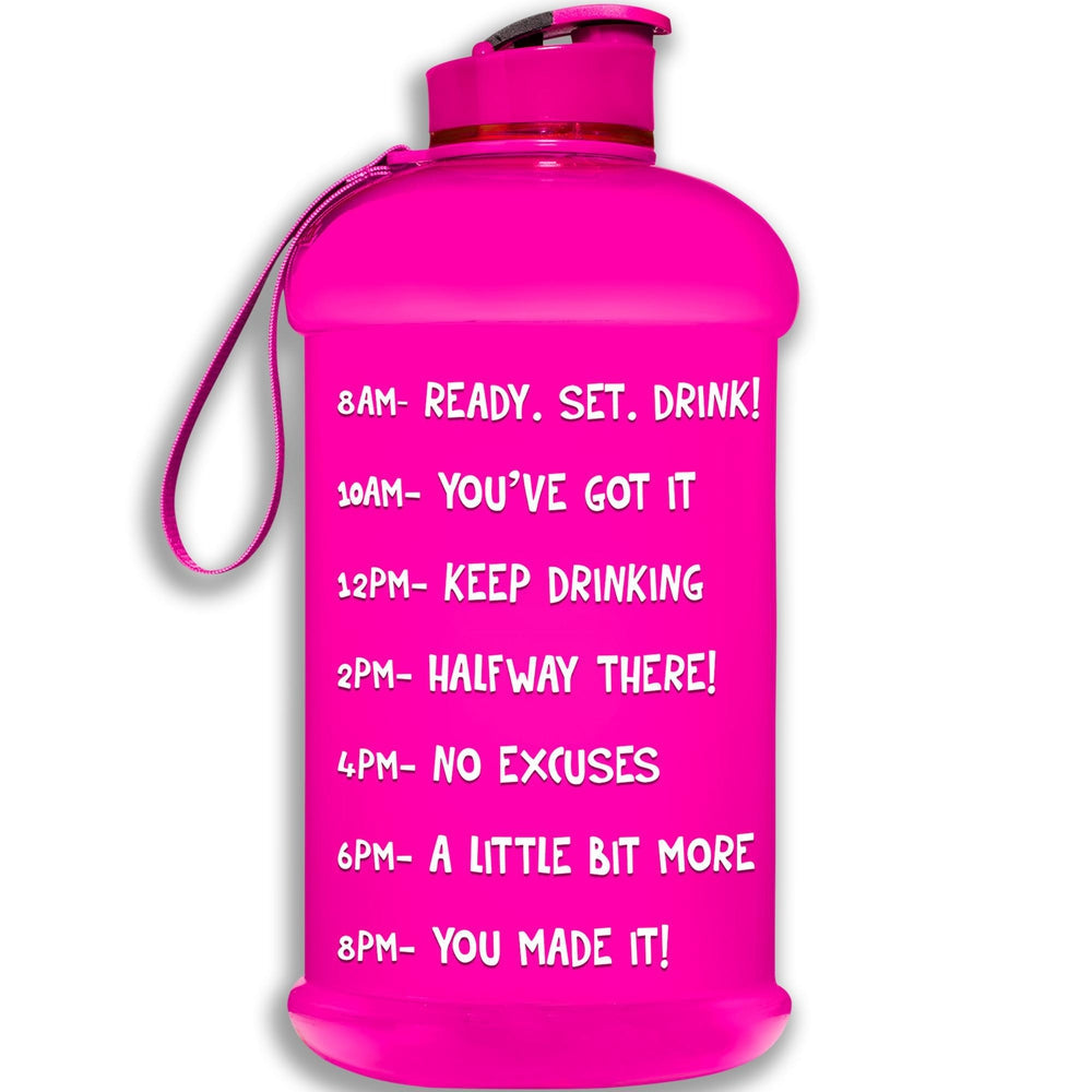 HydroMATE Motivational Time Marked Water Bottle Half Gallon Water Bottle with Times Pink 64oz, Flip Top, Half Gallon (64 Oz), MCF, Pink HydroMATE Half Gallon Motivational Water Bottle BPA-FREE 64oz Pink HydroMate Time Marked Motivational Water Bottles. Drink more water bottle start to track your water intake daily with encouraging time markings. BPA-FREE Reusable Water Jugs and Water Bottles