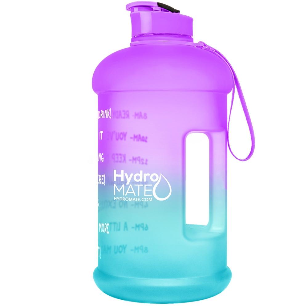 HydroMATE Motivational Time Marked Water Bottle Half Gallon Water Bottle with Times Purple Aqua 64oz, Blue, Flip Top, Frost, Half Gallon (64 Oz), MCF, ombre, Purple HydroMATE Half Gallon Motivational Water Bottle 64oz Frost Turquoise and Purple HydroMate Time Marked Motivational Water Bottles. Drink more water bottle start to track your water intake daily with encouraging time markings. BPA FREE Reusable Water Jugs and Water Bottles