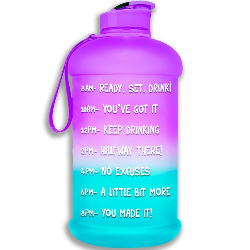HydroMATE Motivational Time Marked Water Bottle Half Gallon Water Bottle with Times Purple Aqua 64oz, Blue, Flip Top, Frost, Half Gallon (64 Oz), MCF, ombre, Purple HydroMATE Half Gallon Motivational Water Bottle 64oz Frost Turquoise and Purple HydroMate Time Marked Motivational Water Bottles. Drink more water bottle start to track your water intake daily with encouraging time markings. BPA FREE Reusable Water Jugs and Water Bottles