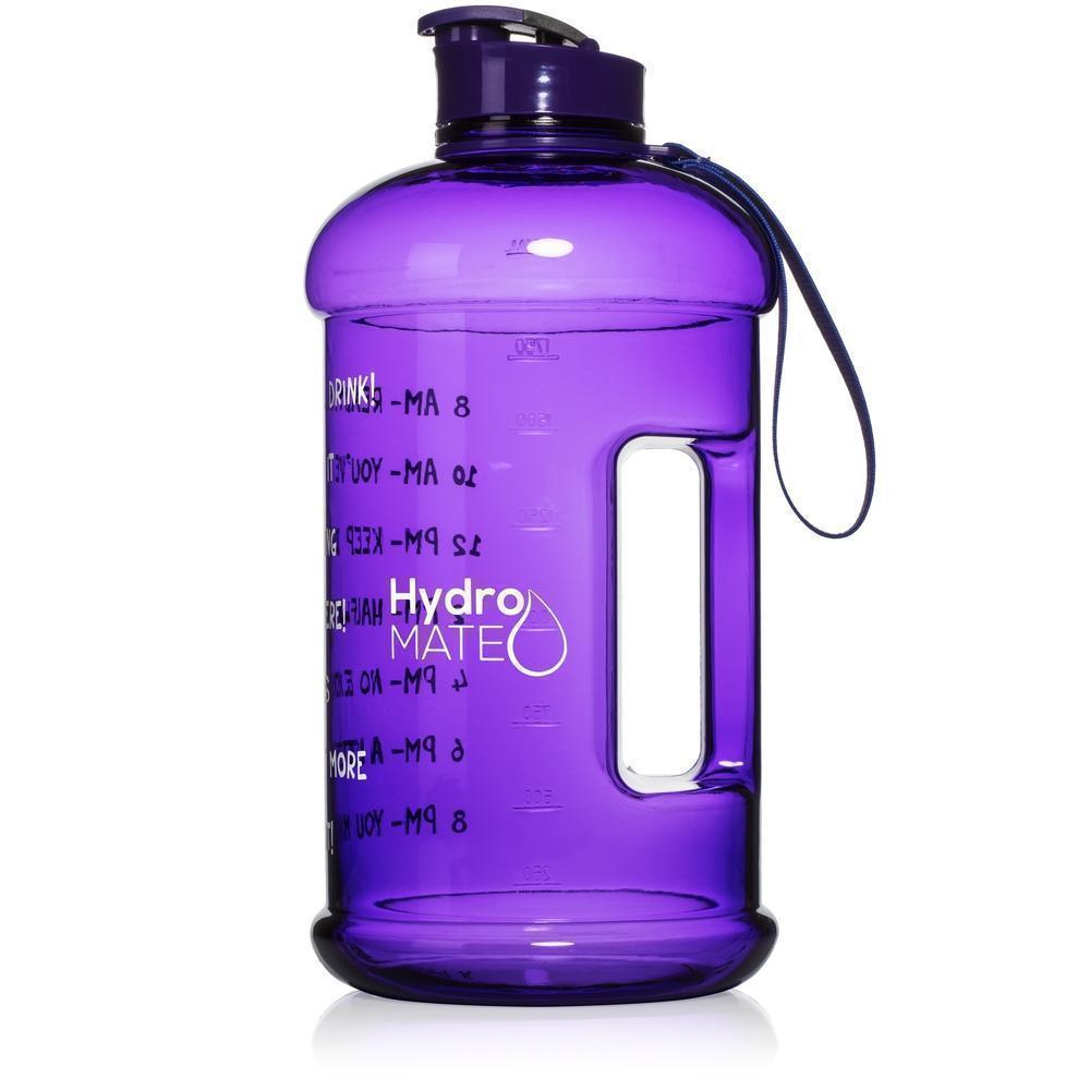 HydroMATE Motivational Time Marked Water Bottle Half Gallon Water Bottle with Times Purple Flip Top, Half Gallon (64 Oz), MCF, Purple HydroMATE Half Gallon Motivational Water Bottle 64oz Purple HydroMate Time Marked Motivational Water Bottles. Drink more water bottle start to track your water intake daily with encouraging time markings. BPA-FREE Reusable Water Jugs and Water Bottles