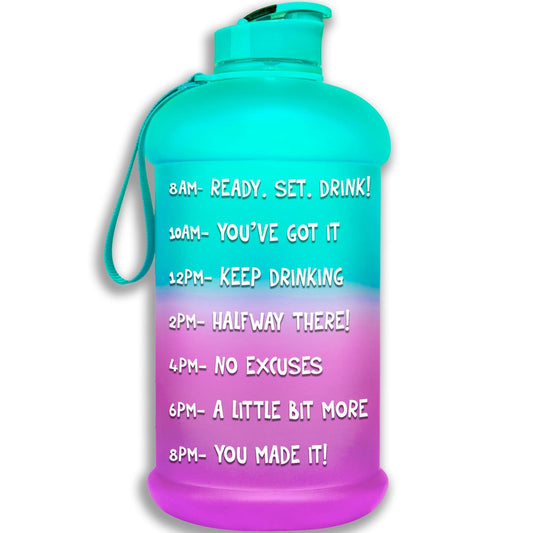 HydroMATE Motivational Time Marked Water Bottle Half Gallon Water Bottle with Times Teal Purple 64oz, Flip Top, Frost, Half Gallon (64 Oz), MCF, ombre, Purple, Turquoise, Turquoise-Purple HydroMATE Ombre Water Bottle with Times to Drink Purple Aqua BPA Free Reusable Water Bottle with Measurements and Motivational Reminders to Help you Drink More Water Bottle Track Your Water Intake All Day with Hourly Time Marking and Encouraging Sayings Ready Set Drink with HydroMate Leakproof Reusable Water Bottle