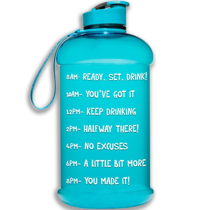 HydroMATE Motivational Time Marked Water Bottle Half Gallon Water Bottle with Times Teal 64oz, Flip Top, Half Gallon (64 Oz), MCF, test, Turquoise HydroMATE Half Gallon Motivational Water Bottle BPA-FREE 64oz Turquoise HydroMate Time Marked Motivational Water Bottles. Drink more water bottle start to track your water intake daily with encouraging time markings. BPA-FREE Reusable Water Jugs and Water Bottles
