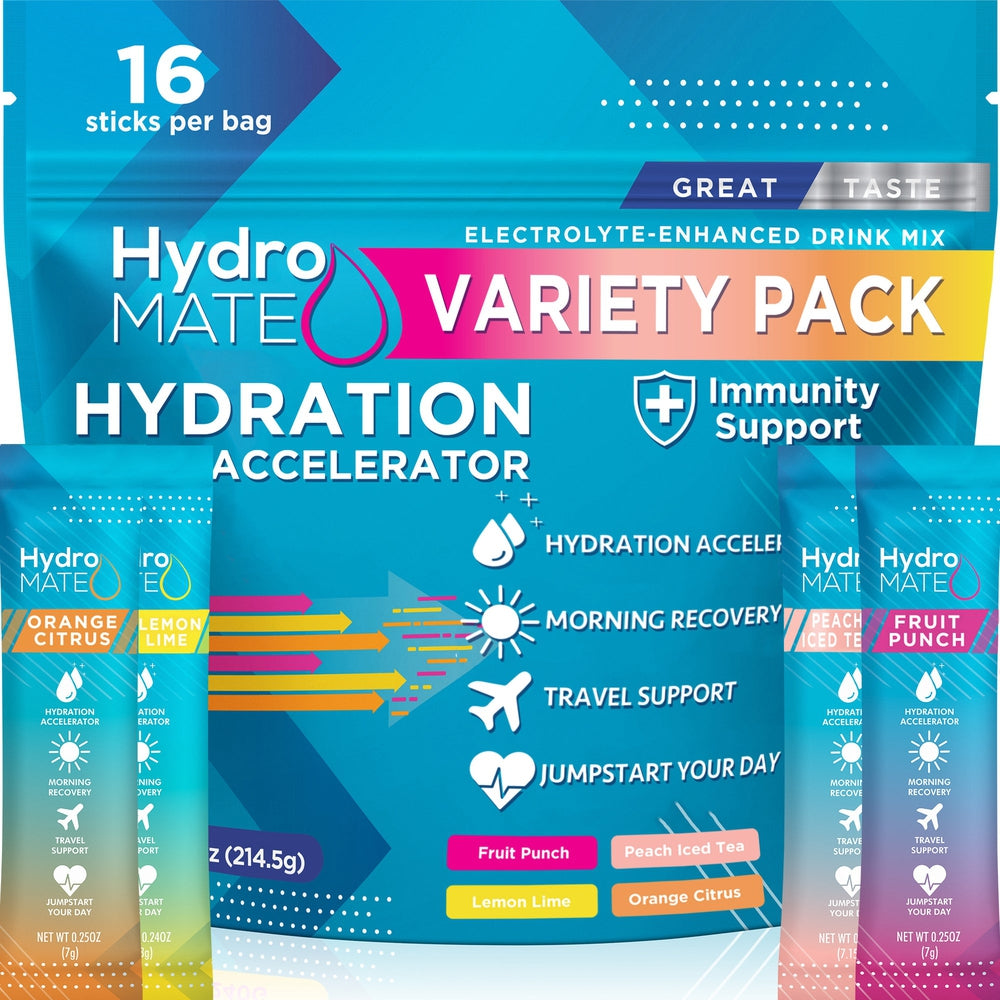 HydroMATE Motivational Time Marked Water Bottle HydroMate Hydration Powder Electrolytes Drink Mix 16 Count Electrolytes, MCF, Parent-Listings 