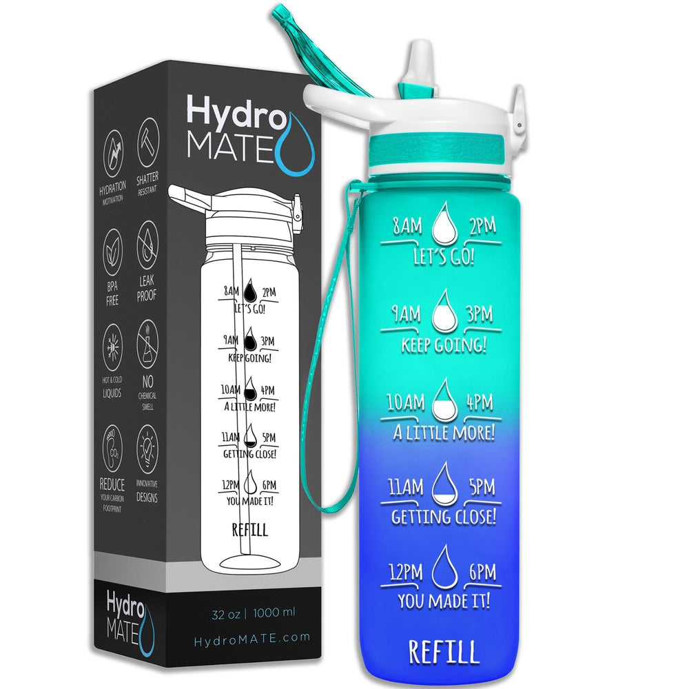 HydroMATE Motivational Time Marked Water Bottle Insulated 32 oz Water Bottle Sleeve Brush Bundle Bundle Blue Aqua Bundle 