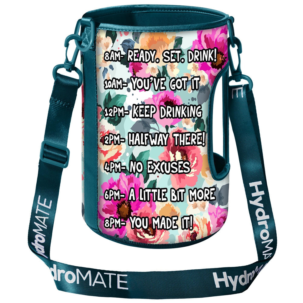 HydroMATE Motivational Time Marked Water Bottle Insulated Sleeve Half Gallon Flower Accessories, Sleeve HydroMATE Half Gallon Insulated Water Bottle Sleeve Carrying Strap Flower HydroMate Time Marked Motivational Water Bottles. Drink more water bottle start to track your water intake daily with encouraging time markings. BPA-FREE Reusable Water Jugs and Water Bottles