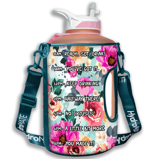 HydroMATE Motivational Time Marked Water Bottle Insulated Sleeve Half Gallon Flower Accessories, Sleeve HydroMATE Half Gallon Insulated Water Bottle Sleeve Carrying Strap Flower HydroMate Time Marked Motivational Water Bottles. Drink more water bottle start to track your water intake daily with encouraging time markings. BPA-FREE Reusable Water Jugs and Water Bottles